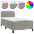 Cama Box Spring C/ Colchão/led 100x200 cm Veludo Cinzento-claro