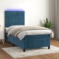 Cama Box Spring C/ Colchão/led 90x190 cm Veludo Azul-escuro