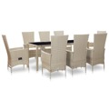 Conjunto Jantar Exterior com Almofadões Vime Pe Bege 9 pcs