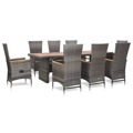 Conjunto Jantar Exterior com Almofadões Vime Pe Cinzento 9 pcs