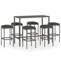 Conjunto de Bar P/ Jardim C/ Almofadões Vime Pe Cinzento 7 pcs