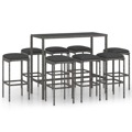 Conjunto de Bar P/ Jardim C/ Almofadões Vime Pe Cinzento 9 pcs