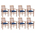 Cadeiras de Jantar 8 pcs C/ Almofadões Azul Real Teca Maciça
