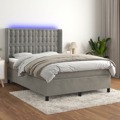 Cama Box Spring C/ Colchão/led 140x200 cm Veludo Cinzento-claro