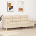 Sofá 3 Lugares + Almofadas Decorativas 180 cm Tecido Cor Creme