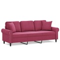 Sofá 3 Lug. + Almofadas Decorativas 180cm Veludo Vermelho Tinto