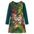 Vestido de Criança com Manga Comprida Estampa Gato Verde-escuro 104