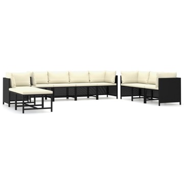 Conjunto Lounge de Jardim C/ Almofadões Vime Pe Preto 10 pcs