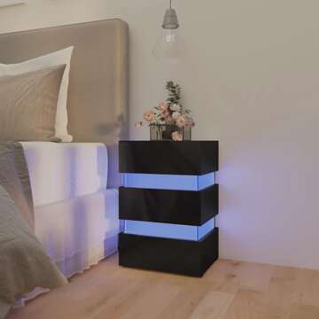 Mesa de Cabeceira C/ Leds 45x35x67cm Aglomerado Preto Brilhante