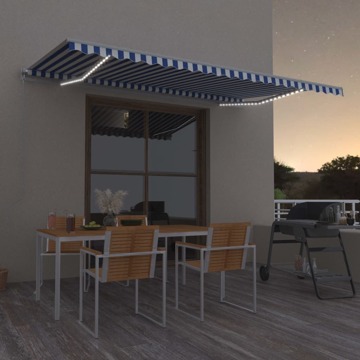 Toldo Retrátil Manual com LED 500x350 cm Azul e Branco