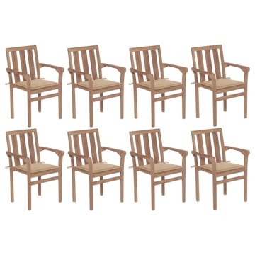 Cadeiras de Jardim Empilháveis C/ Almofadões 8 pcs Teca Maciça