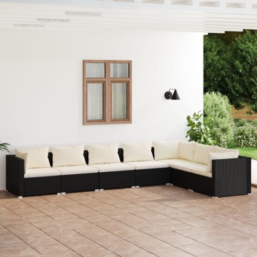 Conjunto Lounge de Jardim C/ Almofadões Vime Pe Preto 7 pcs