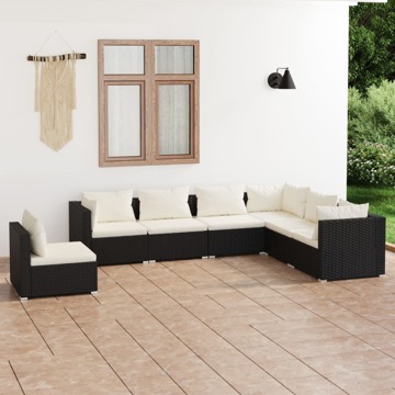 Conjunto Lounge de Jardim C/ Almofadões Vime Pe Preto 7 pcs