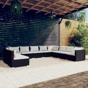 Conjunto Lounge de Jardim C/ Almofadões Vime Pe Preto 10 pcs