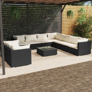 Conjunto Lounge de Jardim C/ Almofadões Vime Pe Preto 10 pcs