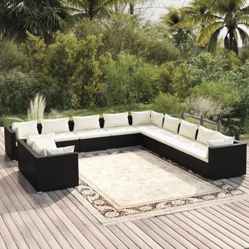 Conjunto Lounge de Jardim C/ Almofadões Vime Pe Preto 11 pcs