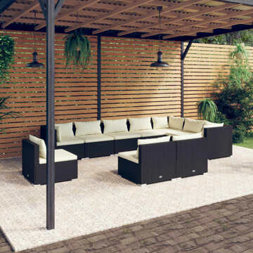 Conjunto Lounge de Jardim C/ Almofadões Vime Pe Preto 10 pcs