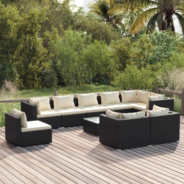 Conjunto Lounge de Jardim C/ Almofadões Vime Pe Preto 10 pcs