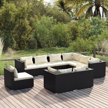 Conjunto Lounge de Jardim C/ Almofadões Vime Pe Preto 9 pcs