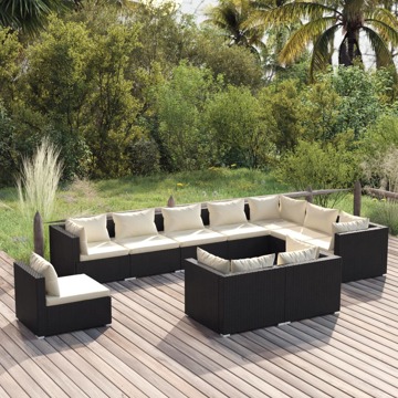 Conjunto Lounge de Jardim C/ Almofadões Vime Pe Preto 10 pcs