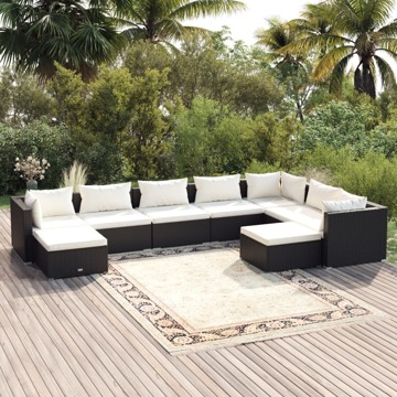 Conjunto Lounge de Jardim C/ Almofadões Vime Pe Preto 9 pcs