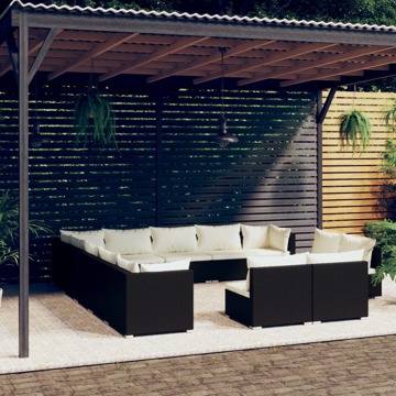 Conjunto Lounge de Jardim C/ Almofadões Vime Pe Preto 13 pcs