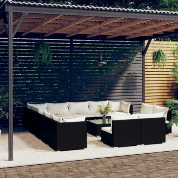 Conjunto Lounge de Jardim C/ Almofadões Vime Pe Preto 14 pcs