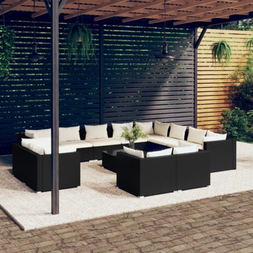 Conjunto Lounge de Jardim C/ Almofadões Vime Pe Preto 13 pcs