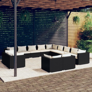 Conjunto Lounge de Jardim C/ Almofadões Vime Pe Preto 13 pcs