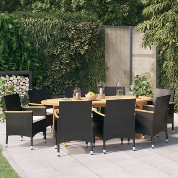 Conjunto de Jantar para Jardim com Almofadões Preto 9 pcs