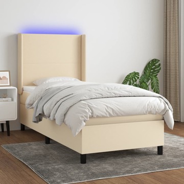 Cama Box Spring C/ Colchão e LED 80x200 cm Tecido Cor Creme