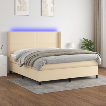 Cama Box Spring C/ Colchão e LED 160x200 cm Tecido Cor Creme