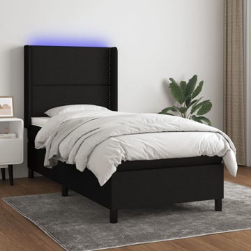 Cama Box Spring C/ Colchão e LED 100x200 cm Tecido Preto