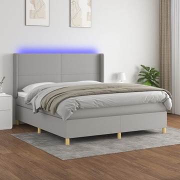 Cama Box Spring C/ Colchão e LED 160x200 cm Tecido Cinza-claro