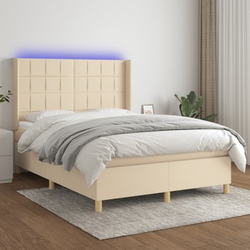 Cama Box Spring C/ Colchão e LED 140x190 cm Tecido Cor Creme