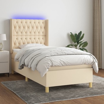 Cama Box Spring C/ Colchão e LED 100x200 cm Tecido Cor Creme