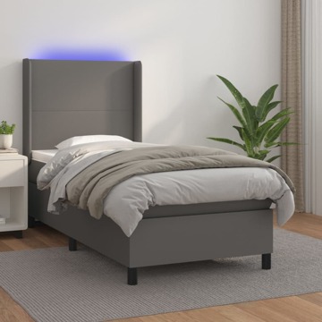 Cama Box Spring C/ Colchão/led 90x190 cm Couro Artificial Cinza