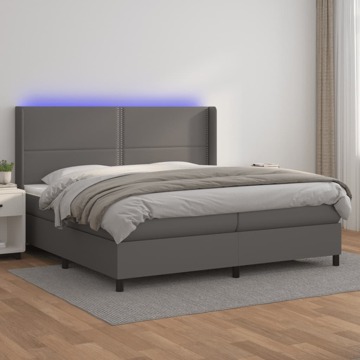 Cama Box Spring C/ Colchão/led 200x200cm Couro Artificial Cinza