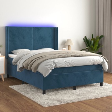 Cama Box Spring C/ Colchão/led 140x190 cm Veludo Azul-escuro