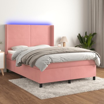 Cama Box Spring C/ Colchão/led 140x200 cm Veludo Rosa