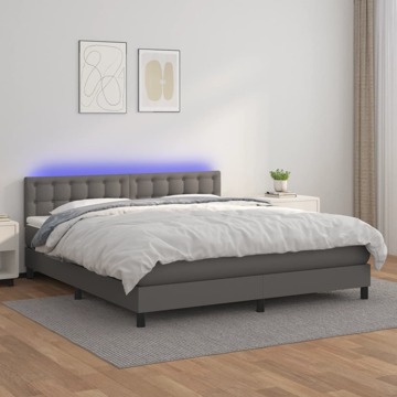 Cama Box Spring C/ Colchão/led 160x200cm Couro Artificial Cinza