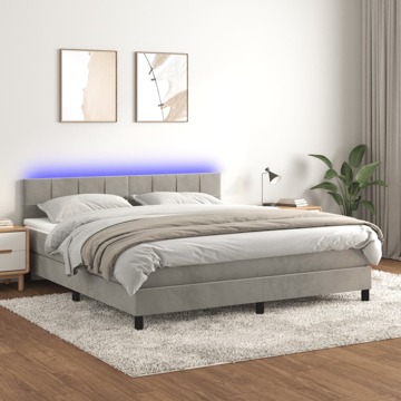 Cama Box Spring C/ Colchão/led 160x200 cm Veludo Cinzento-claro