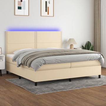 Cama Box Spring C/ Colchão e LED 200x200 cm Tecido Cor Creme