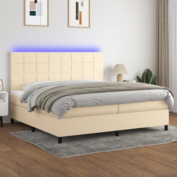 Cama Box Spring C/ Colchão e LED 200x200 cm Tecido Cor Creme