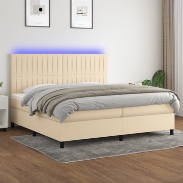 Cama Box Spring C/ Colchão e LED 200x200 cm Tecido Cor Creme