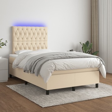 Cama Box Spring C/ Colchão e LED 120x200 cm Tecido Cor Creme