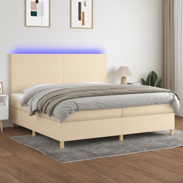 Cama Box Spring C/ Colchão e LED 200x200 cm Tecido Cor Creme