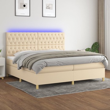 Cama Box Spring C/ Colchão e LED 200x200 cm Tecido Cor Creme