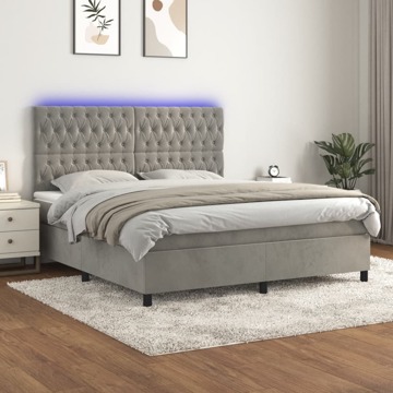 Cama Box Spring C/ Colchão/led 160x200 cm Veludo Cinzento-claro