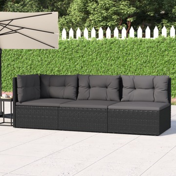 Conjunto Lounge de Jardim C/ Almofadões Vime Pe Preto 3 pcs